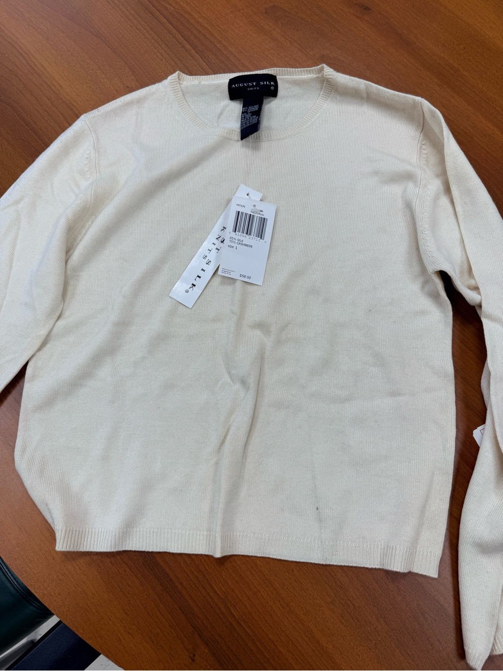 august silk Cream Crewneck Sweater - Lightweight Knit 85% silk 15% cashmere